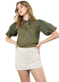 Twist Neck Puff Sleeve Print Top