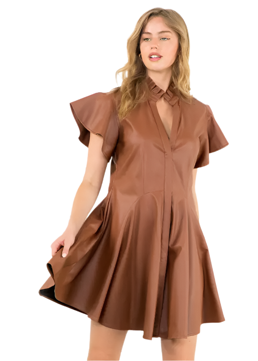 Flutter Sleeve Button Up Leather Dress