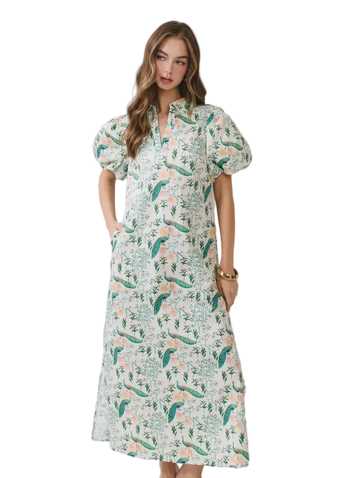 Peacock Print Puff Sleeve Midi Dress