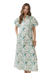 Peacock Print Puff Sleeve Midi Dress