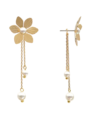 Flower Pearl Dangling Earrings-Gold