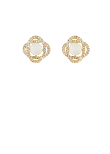 Pave Love Knot & Pearl Stud Earrings-Gold