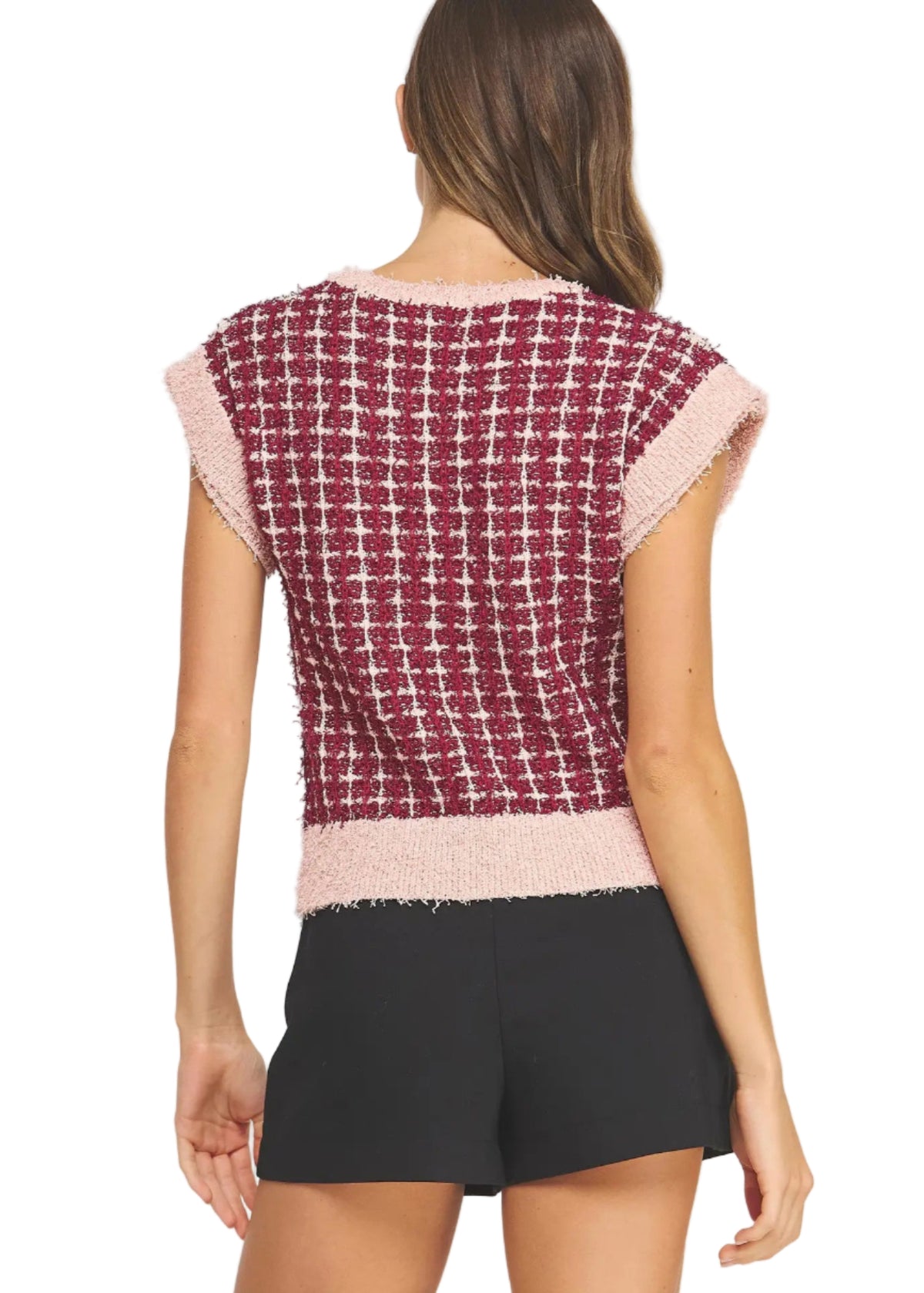 Sleeveless Check Tweed Knit Sweater