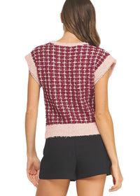 Sleeveless Check Tweed Knit Sweater