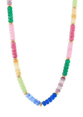 Necklace with multicolored beads on a white background