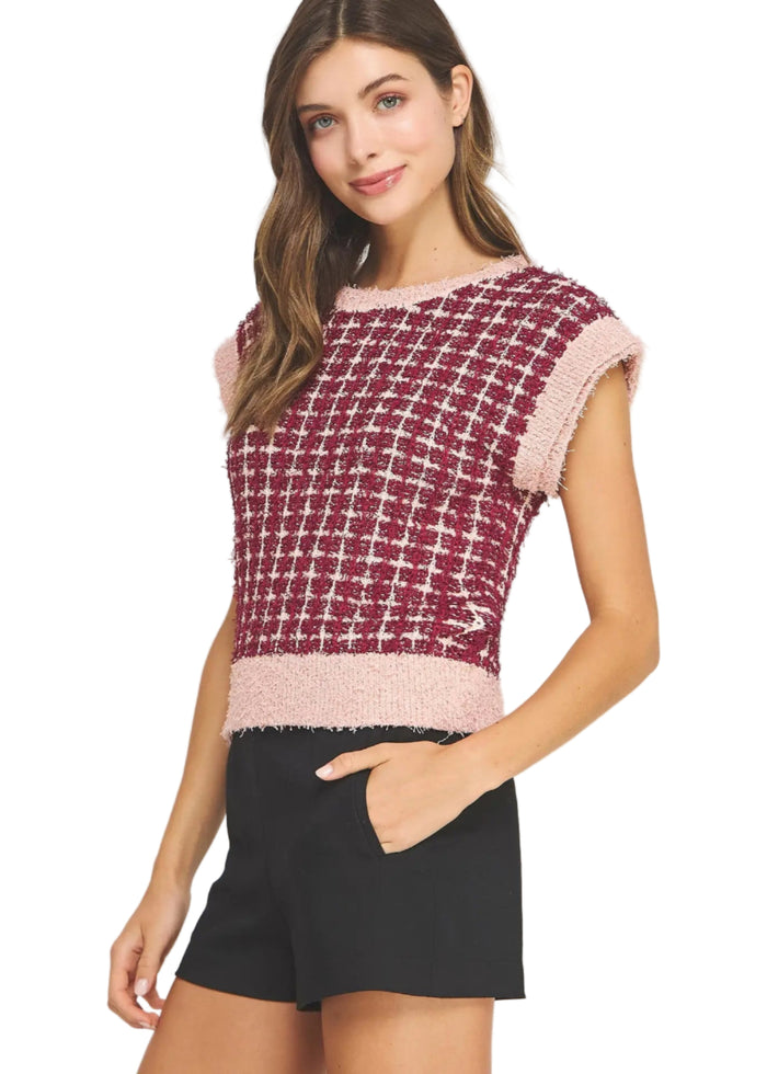 Sleeveless Check Tweed Knit Sweater