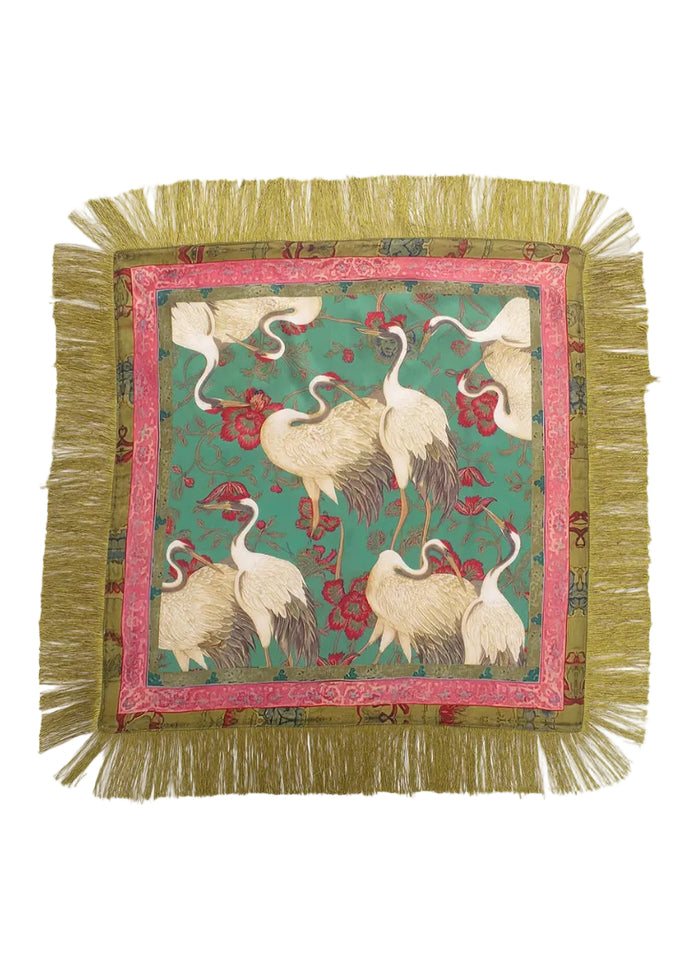 35" Crane Print Fringe Trim  Scarf - Olive Multi
