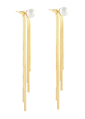 Pearl & Fringe Chain Front & Back Earrings - Gold