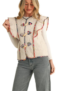 Flutter Sleeve Quilted Vest w/ Print Binding