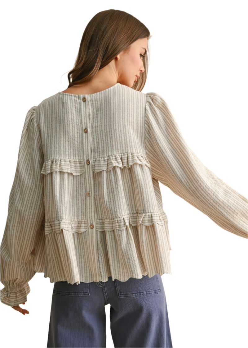 Striped Pattern Ruffle Detail Blouse