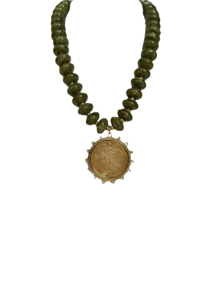 Olive and Gold Bead Coin Necklace