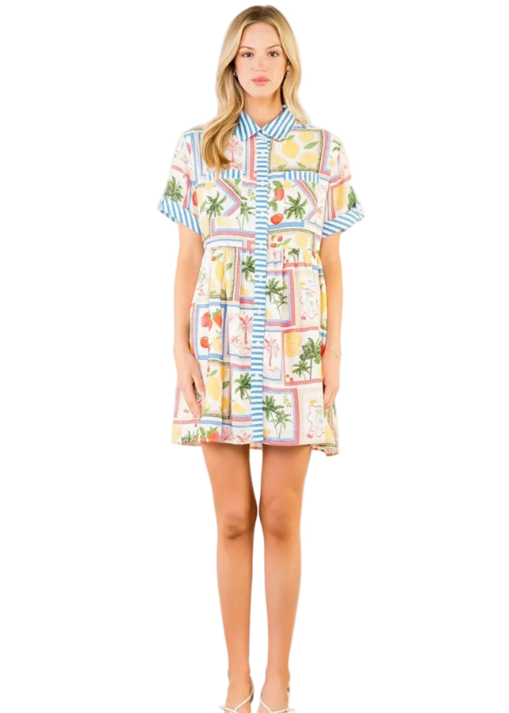 Short Sleeve Button Up Tropical Pattern Dress