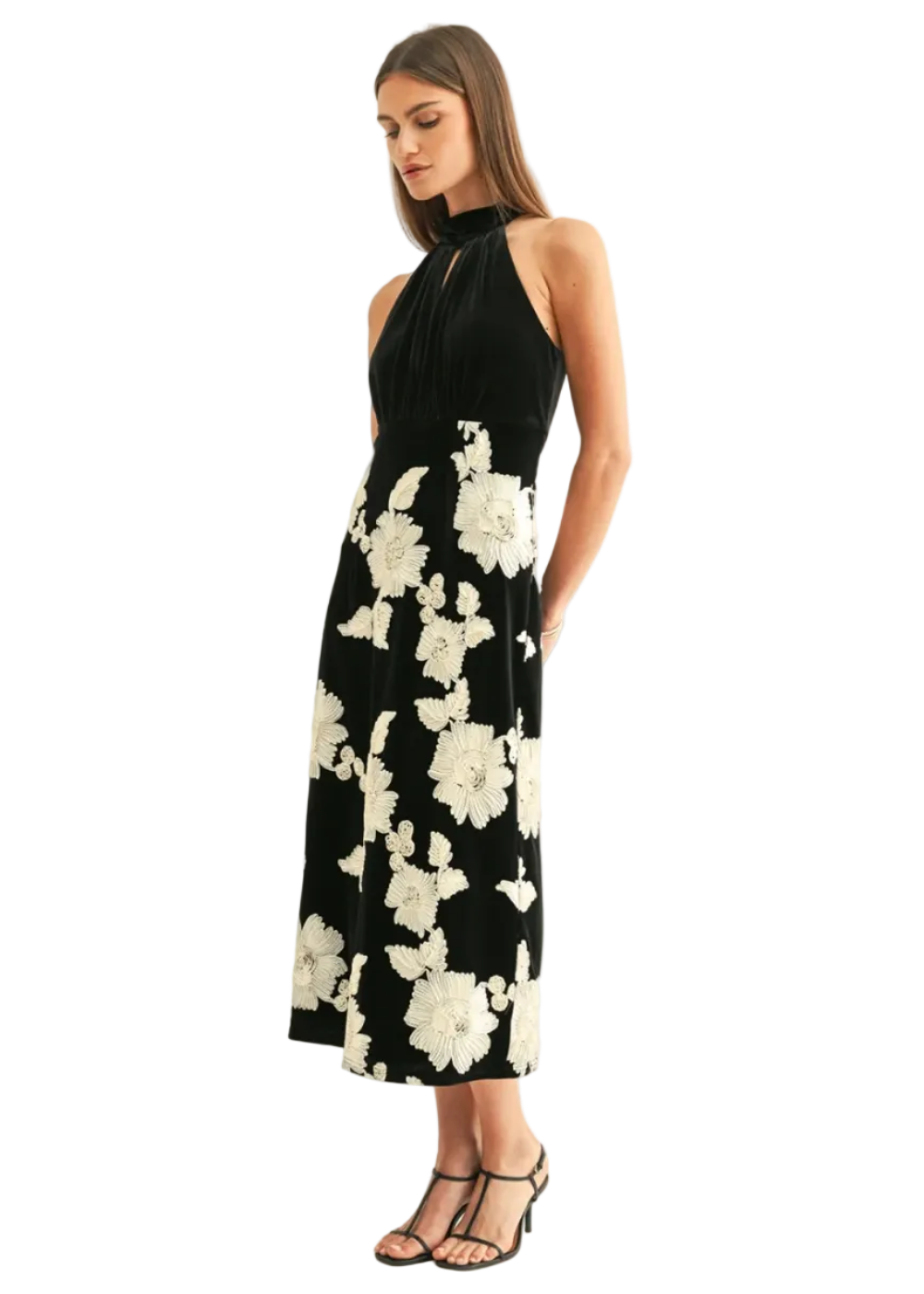 Oaklyn Flower Velvet Halter Midi Dress