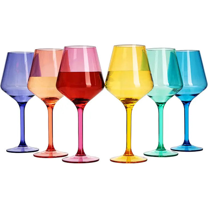 Unbreakable Colored Stemmed Wine Glasses, Acrylic oz Set - 6