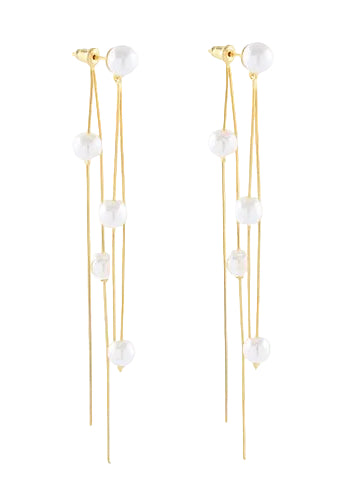 Pearl Station & Chain Front & Back Earrings - Gold