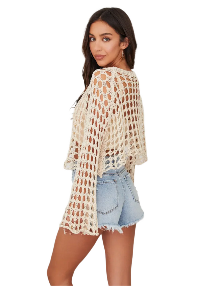 Scoop Neck Open Crochet Bell Sleeve Top