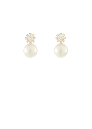 Round Crystal & Pearl Dangle Earrings-Cream/Gold