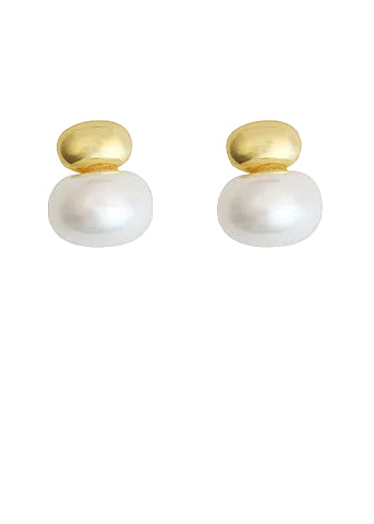 Pearl & Metal Bean Shape Earrings - Cream/Gold
